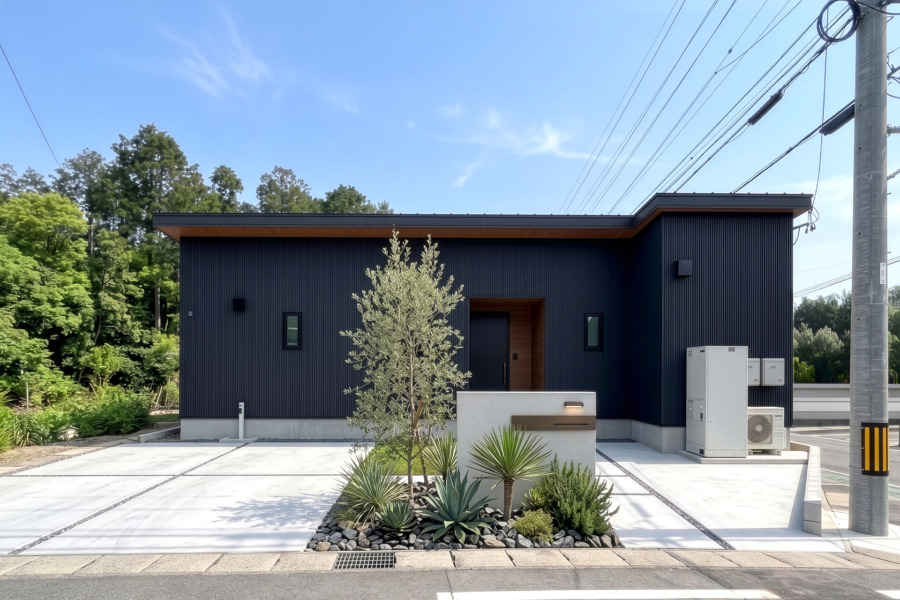 Modern dark-blue corrugated house with flat roof, front entry, and manicured drought-tolerant garden in a concrete driveway setting, utility pole visible on right.