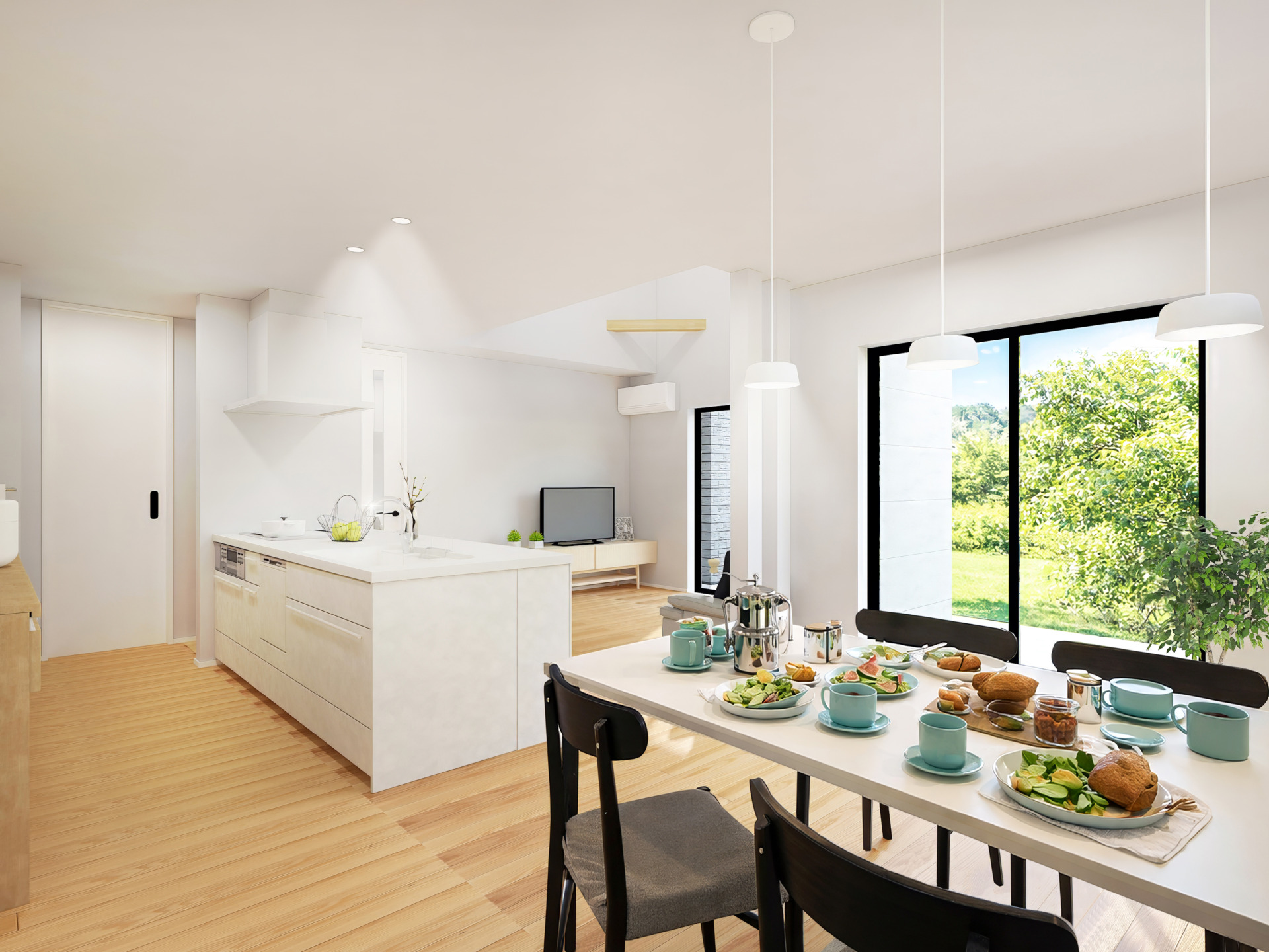 5月9日(土)10(日)完成見学会開催物件のLDK。玄関からパントリー・キッチンがつながり、買い物をすぐにしまえる回遊動線になっています。