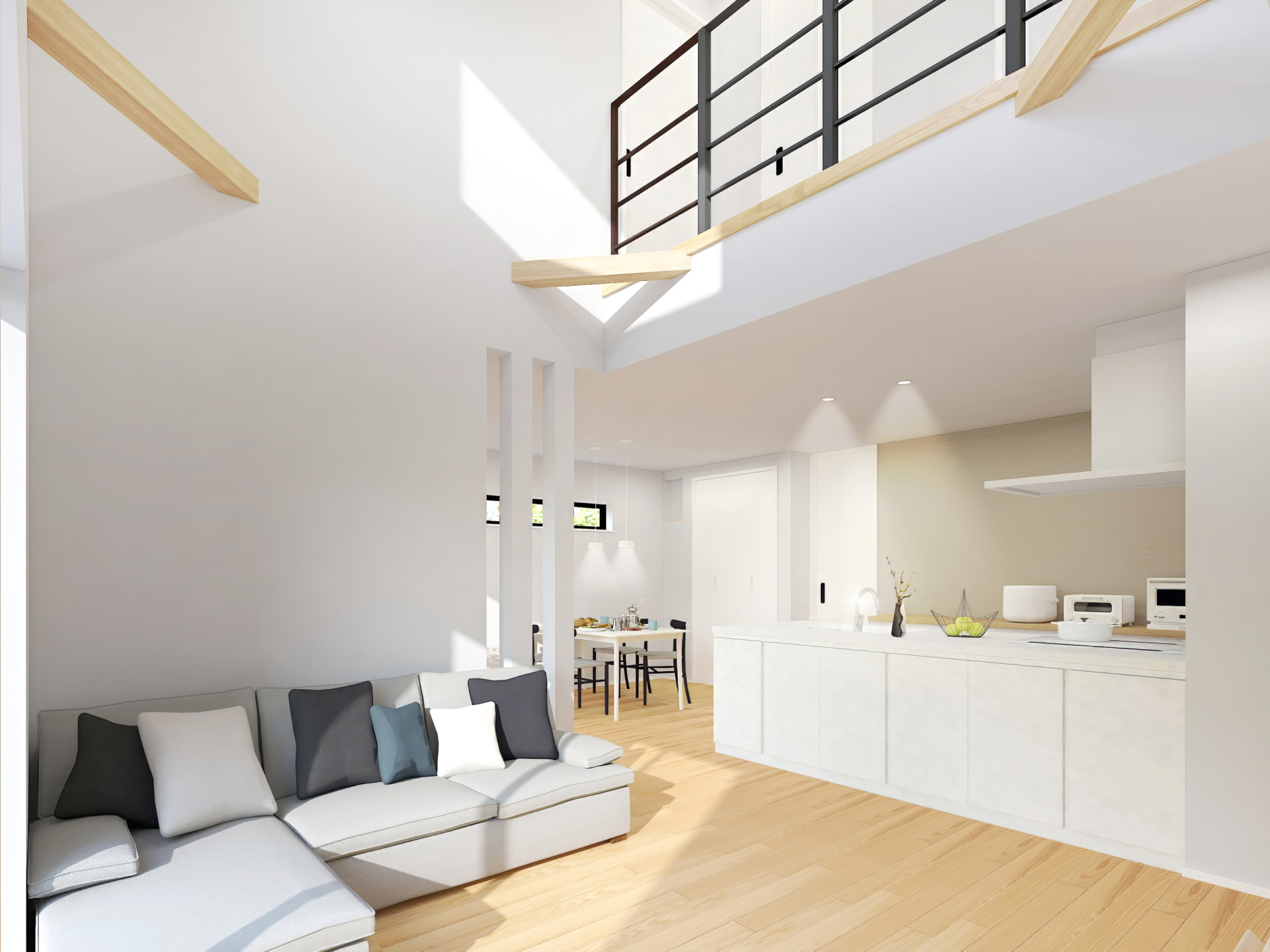 5月9日(土)10(日)完成見学会開催物件の吹き抜けとリビング。1階・2階の家族の様子が見えるので、なんとなく家族の存在を感じられるつながりのある間取り。