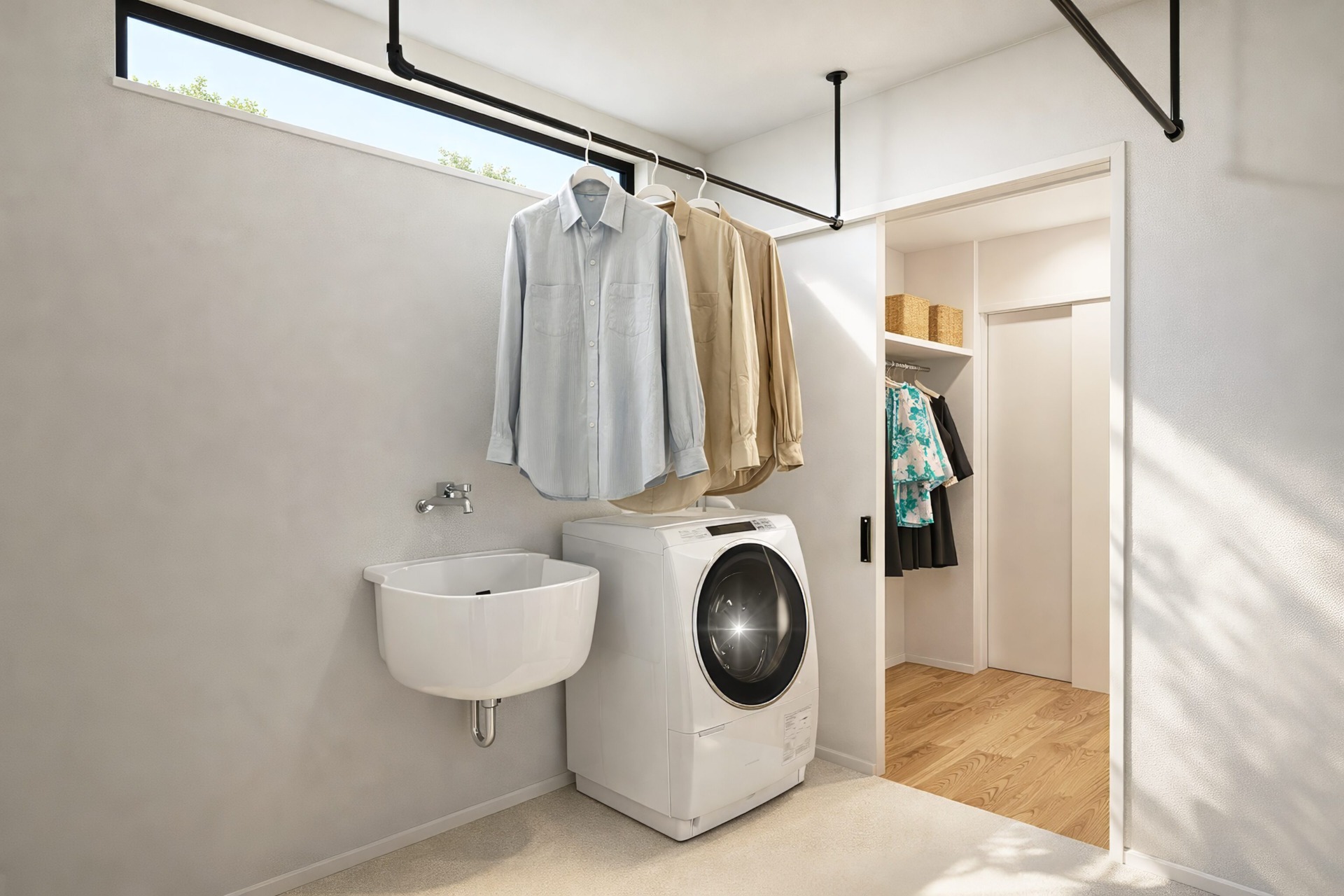 5月9日(土)10(日)完成見学会開催物件の脱衣・ランドリールーム。隣にはファミリークローゼットが併設されているので、洗濯した服をすぐにしまうことができて家事楽です。