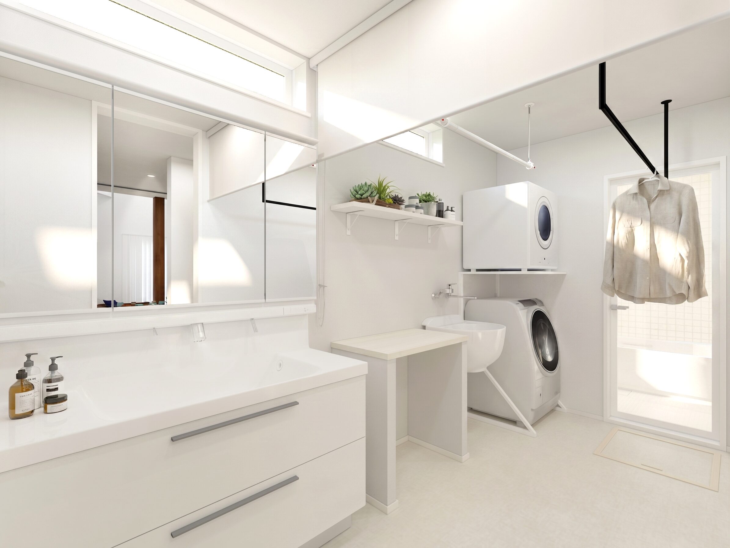 Bright white laundry room with a stacked washer and dryer, sink, and a shelf with small plants above the machines.