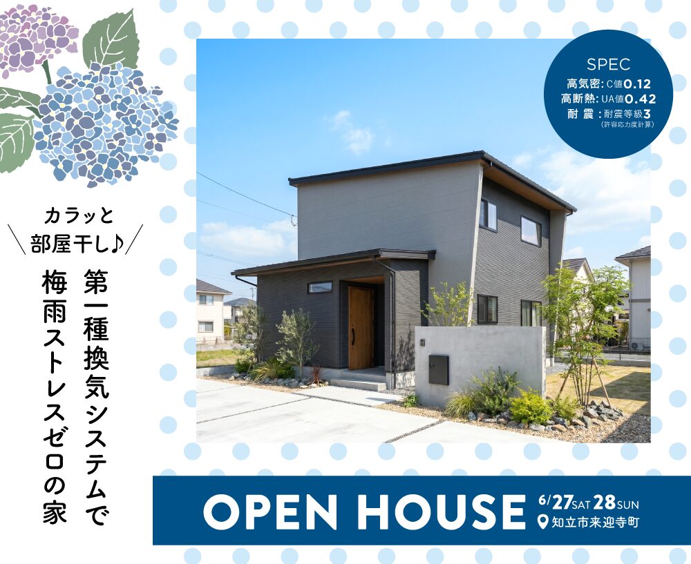 Open House flyer featuring a modern two‑story house, with a bold blue 'OPEN HOUSE' banner at the bottom and decorative left margin graphics.