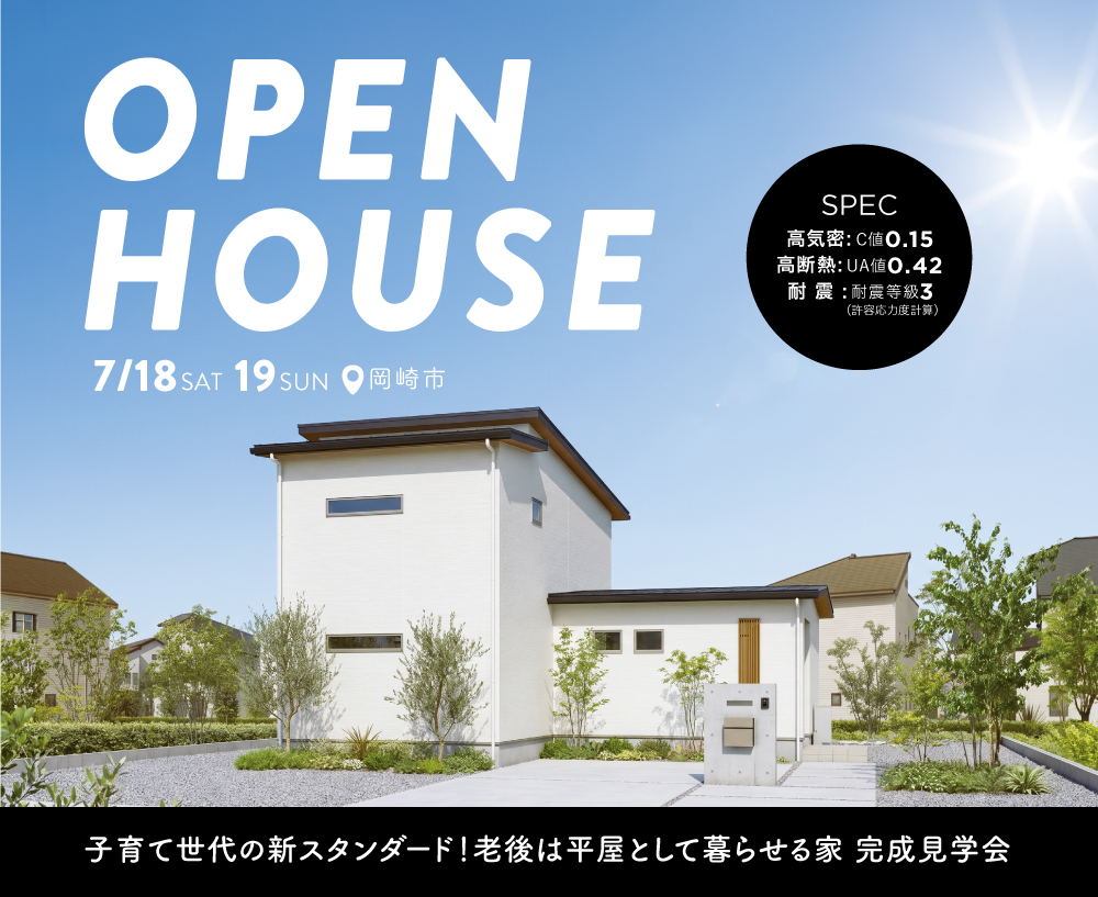 Open House promo over a modern white home on a sunny day; large OPEN HOUSE text, dates 7/18–19, with a black spec circle.