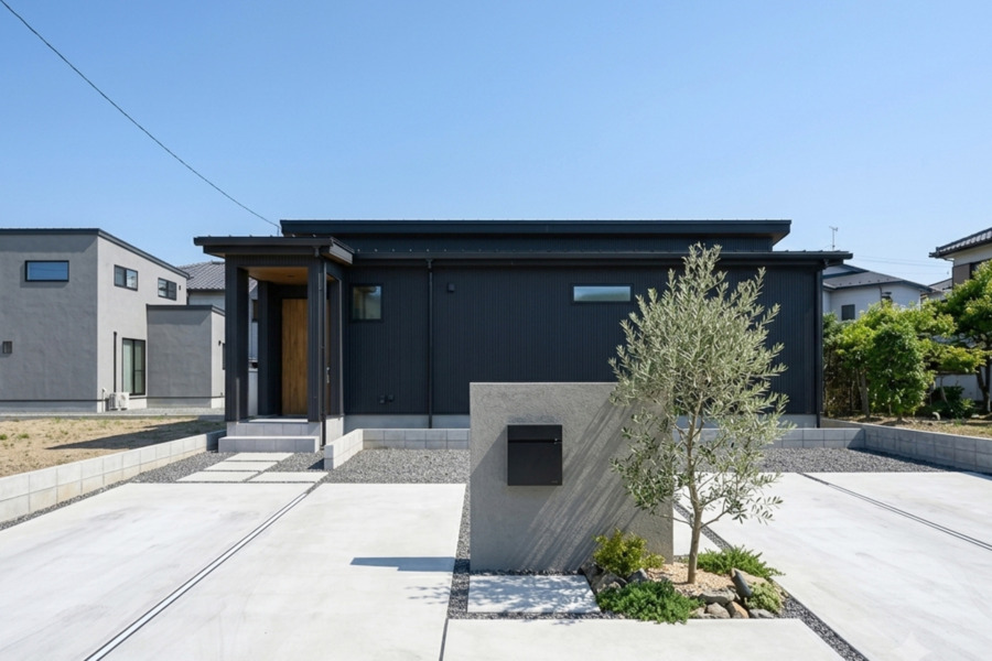 Front view of a modern black-and-gray house with a flat roof and minimalist landscaping; concrete driveway and a small tree in the yard.