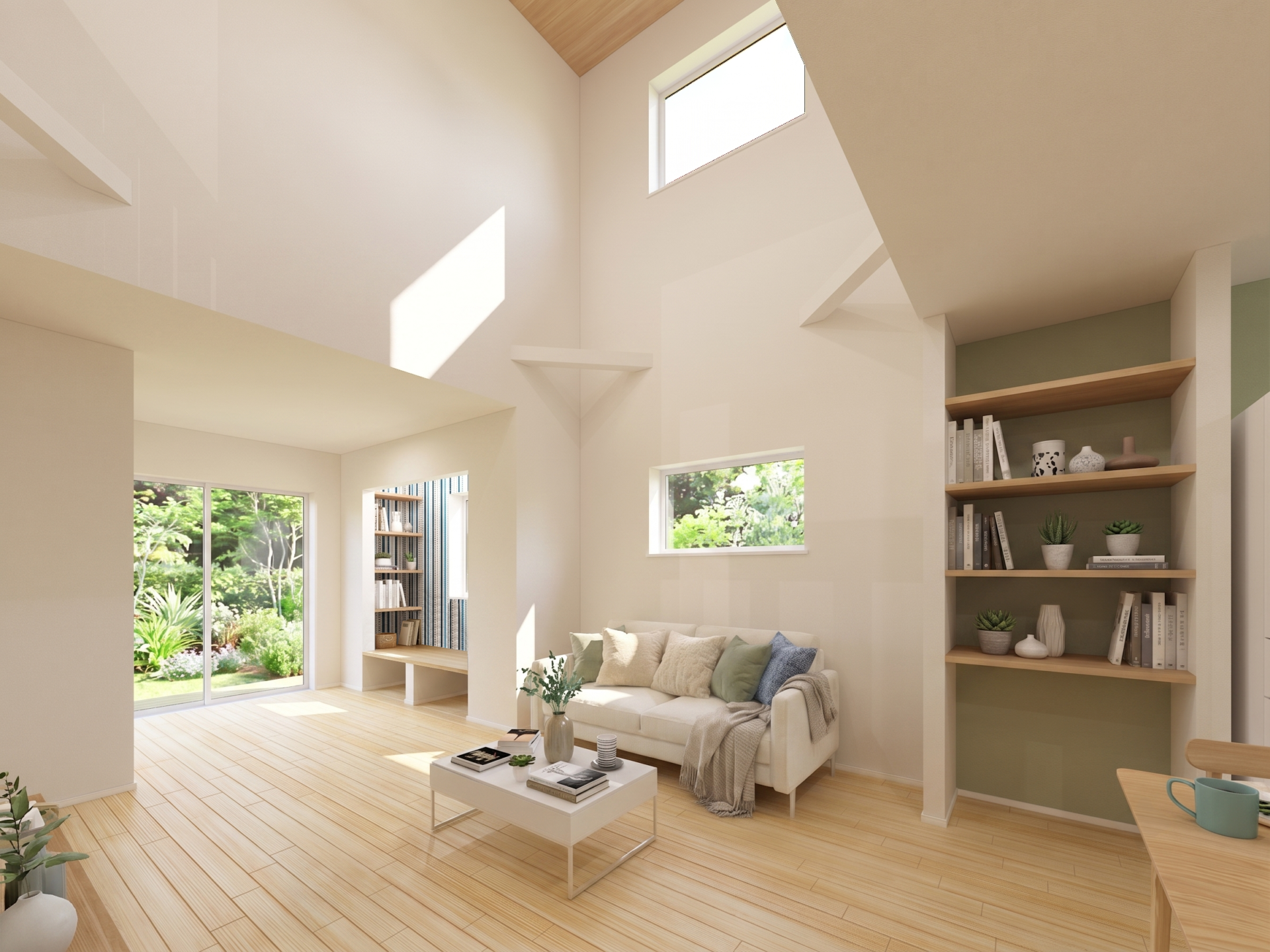 Bright open living room with high vaulted ceiling, large windows, and a beige sofa with cushions; built-in bookshelf on the right.